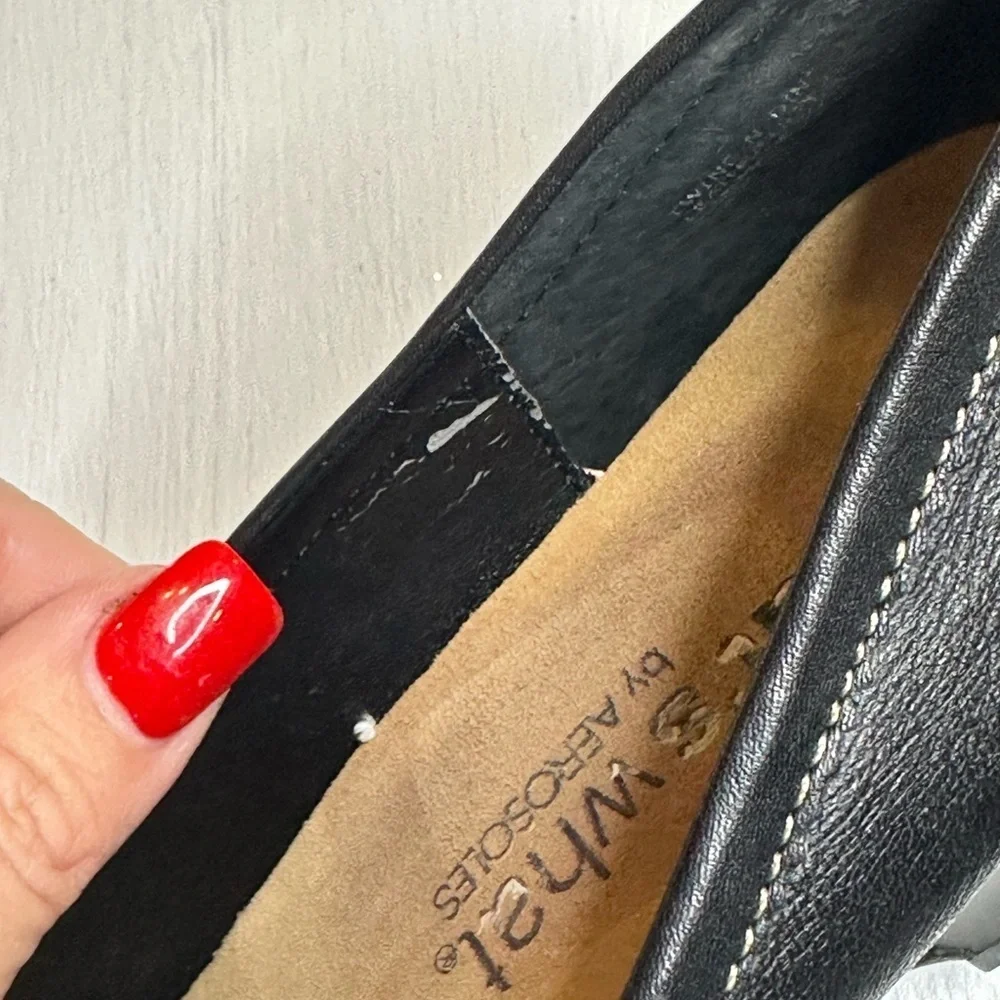 What’s What Aerosoles Black Leather Wedge Loafers Women’s 8 Twine N Dine
